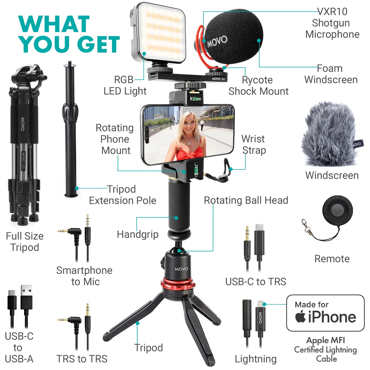 iVlogger-PRO+ MV-T5| Premium Vlogging Kit with Fullsize Tripod | Movo - Image 2