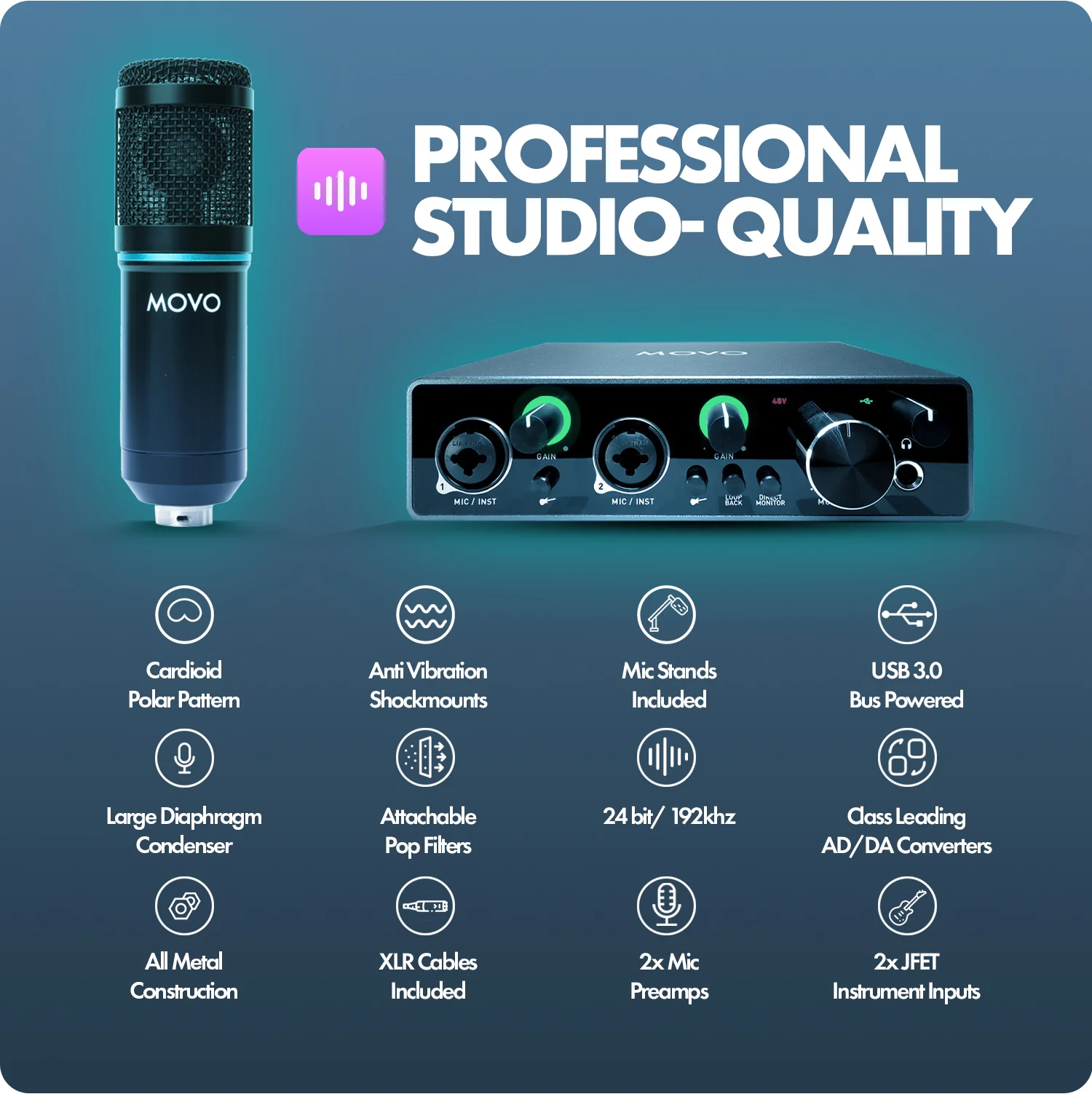 PodPak2A | Professional 2-Pack Universal Cardioid Condenser Microphone Kit | Movo - Image 4