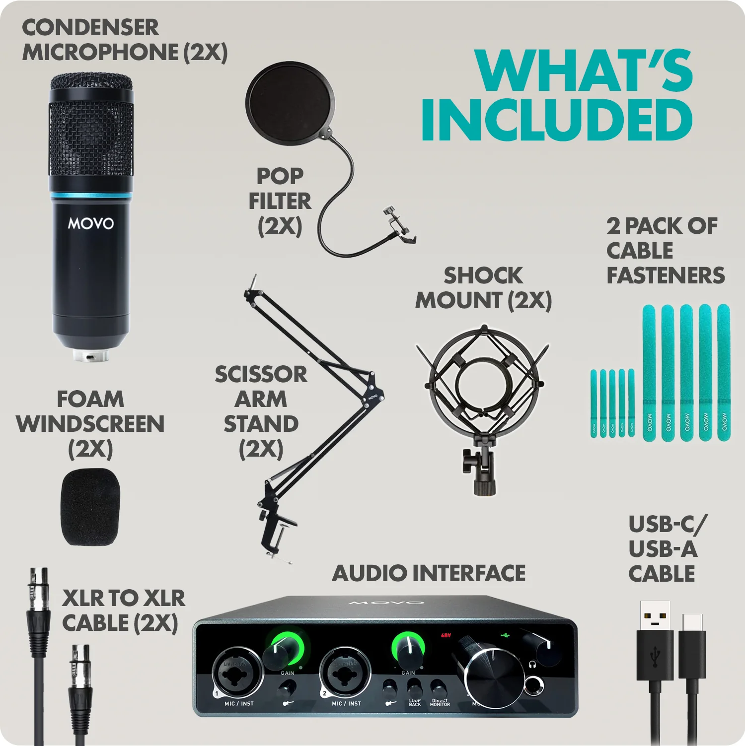 PodPak2A | Professional 2-Pack Universal Cardioid Condenser Microphone Kit | Movo - Image 6