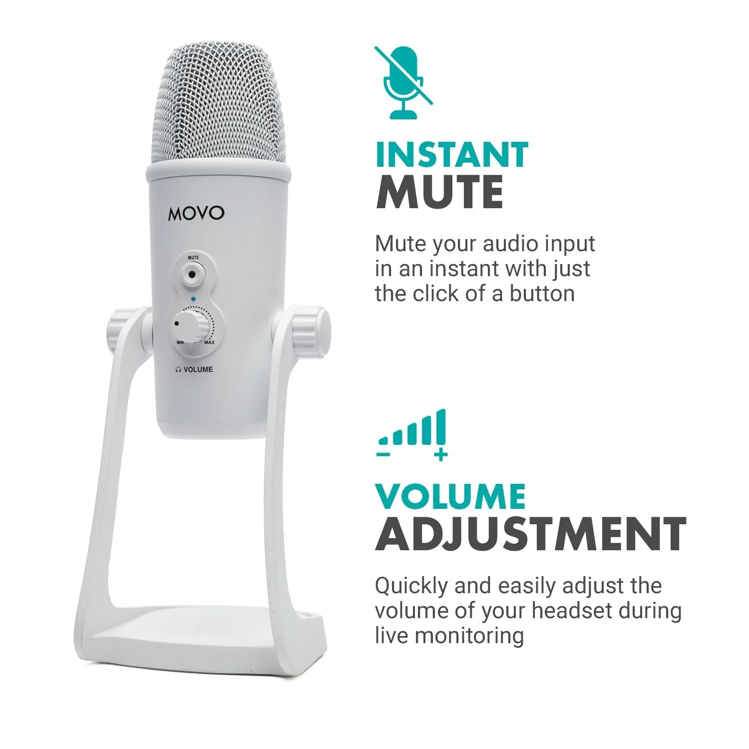 UM700W | White Desktop USB Microphone | Movo - Image 3