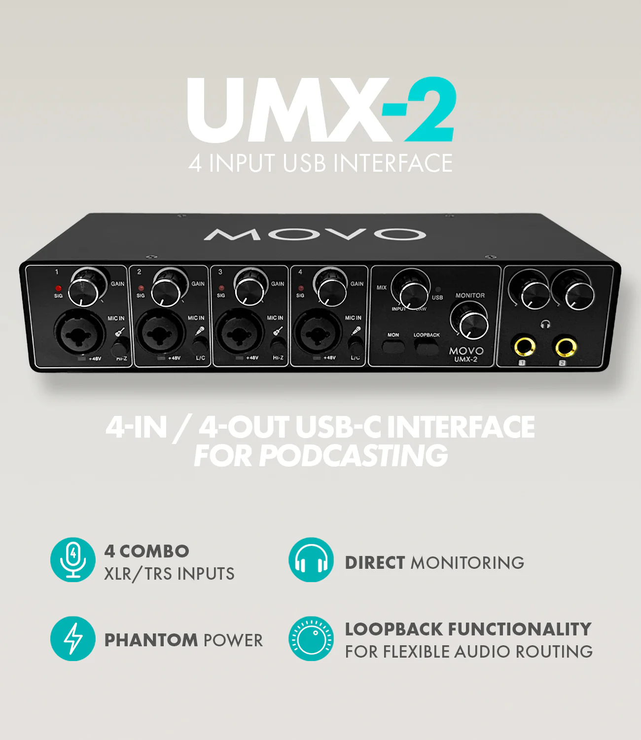 UMX-2 | 4-Channel USB/USB-C Audio Interface | Movo - Image 2