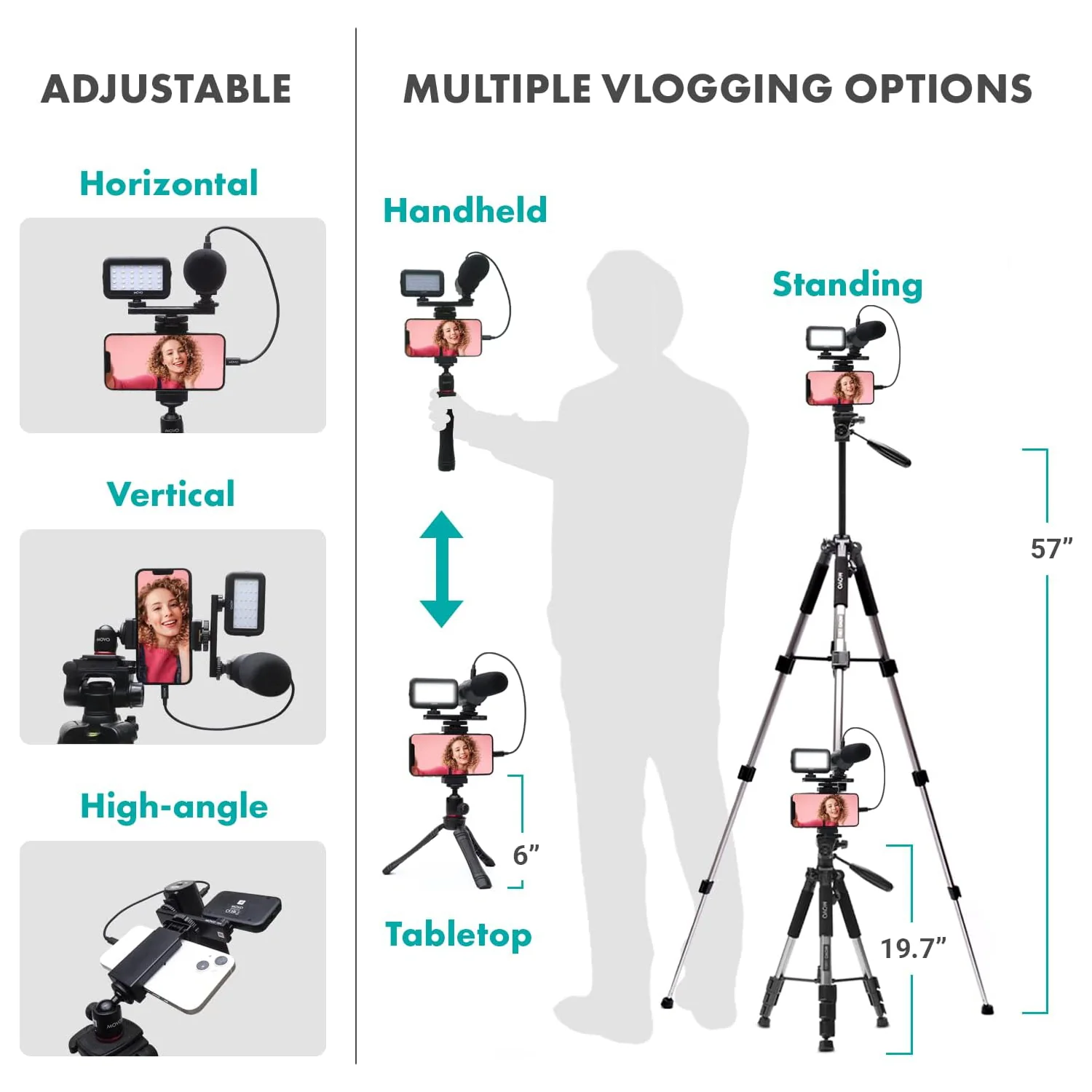UVlogger+MV-T5-IP | Smartphone Vlogging Kit with Fullsize Tripod | Movo - Image 3