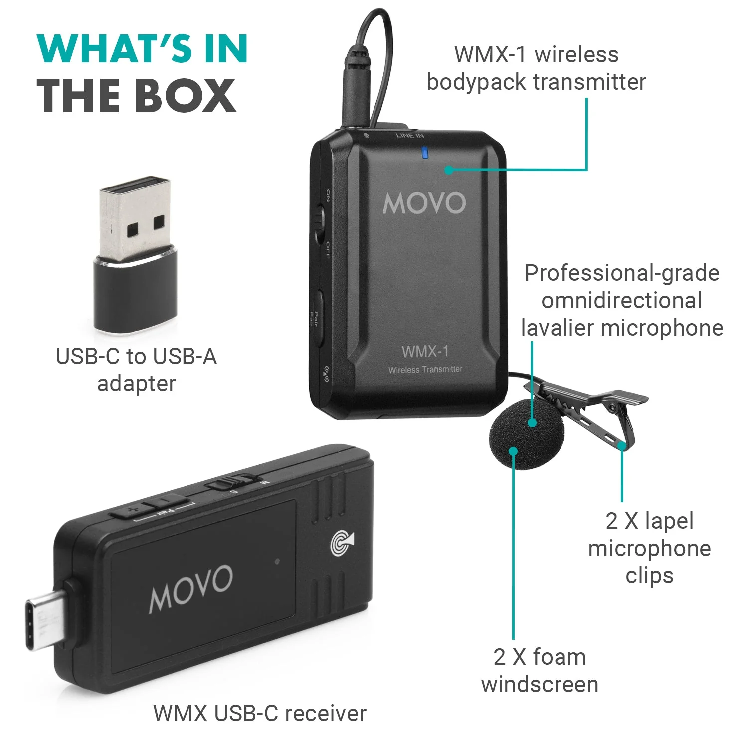WMX-1-UL | Wireless USB and USB-C Lavalier Microphone | Movo - Image 7