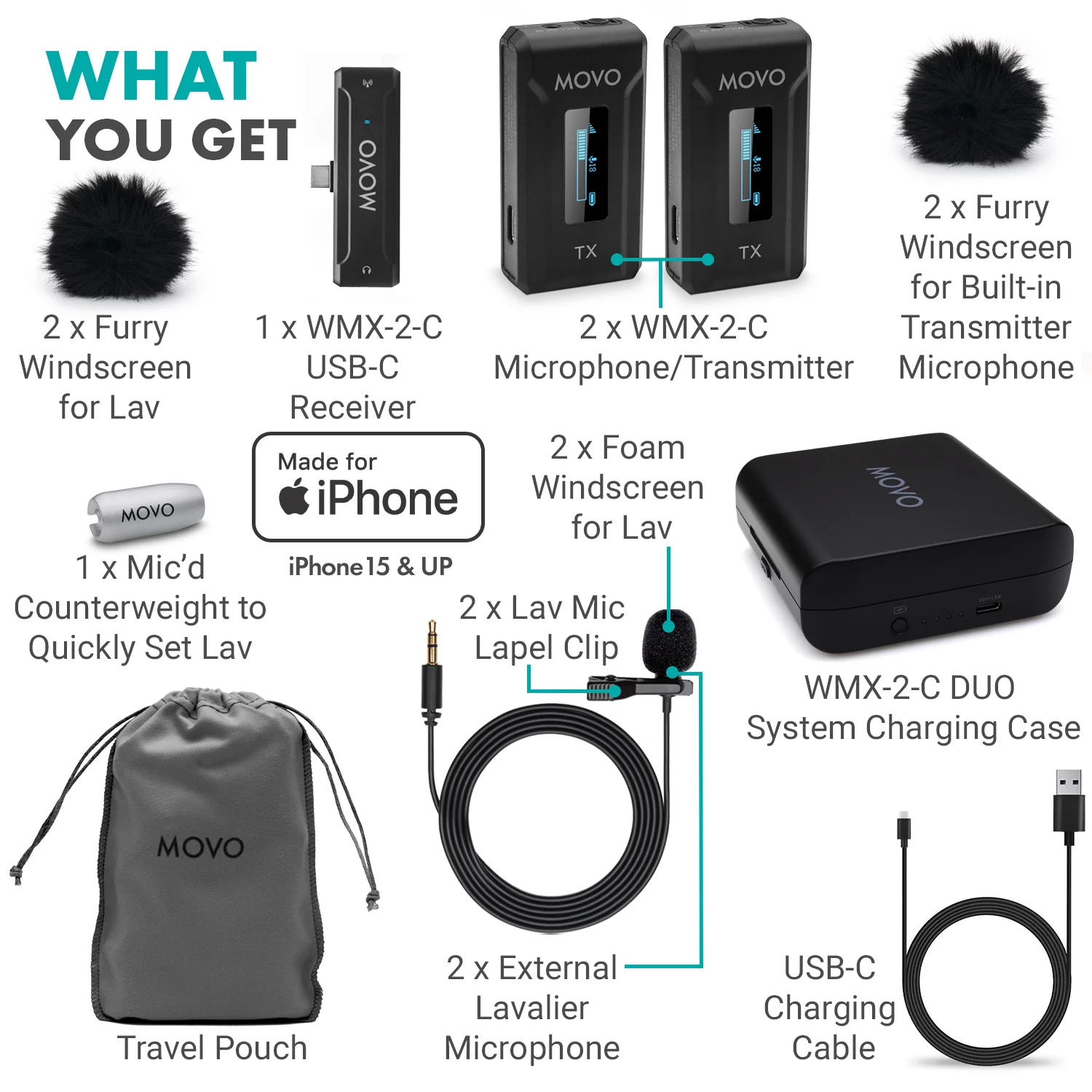 WMX-2-C-DUO-IP | iPhone 15 Dual Wireless Lav Mic System | Movo - Image 8