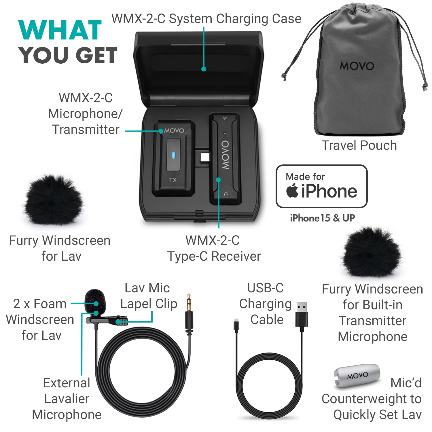 WMX-2-C-IP | Wireless Lavalier Microphone for iPhone 15 | Movo - Image 8